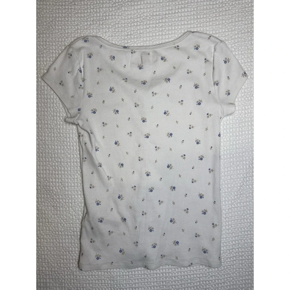 Abercrombie Kids Floral Ribbed Henley Top Ivory Blue Girls Size 13/14 Stretch